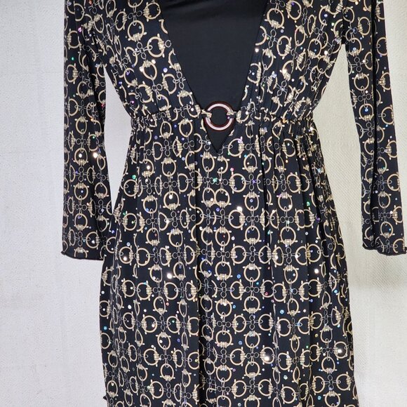Dressbarn Black Gold Sequins Tortoise Circle Design Layer Look Poly Span Tunic S - Picture 4 of 16